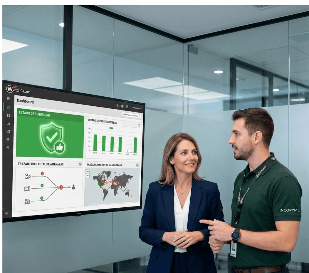 Técnico experto de Incopyme explicando el panel de control en tiempo real del Antivirus WatchGuard a una directiva en su oficina.